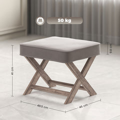 Kozy Vintage Footstool Padded Seat X Leg Chair Velvet Cover Shabby Chic Footrest Solid Rubber Wood Frame 49.5 x 45 x 41 cm Grey