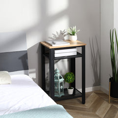 Kozy Tall Side Table with 3 Layer, 2 Shelves Storage Display Industrial-Style, Metal Frame, Bedside End Table for Living Room Bedroom, Oak and Black