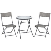 Kozy 3 Pieces Rattan Bistro Set, Wicker Folding Garden Furniture Set with Glass Top Coffee Table and Chairs for Outdoor, Patio, Balcony, Grey