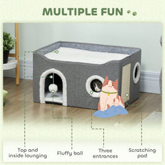 Kozy - Cat Bed for Indoor Pets, Foldable Cat House with Fluffy Ball and Scratch Pad for Small and Medium Pets, Grey