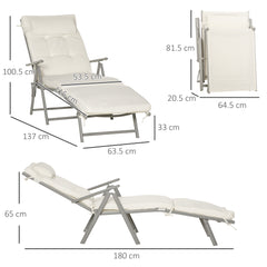 Kozy Sun Lounger Steel Frame Outdoor Folding Chaise Texteline Lounge Chair Recliner with Headrest & 7 Levels Adjustable Backrest, Cream White