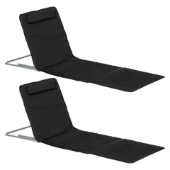 Kozy Set of 2 Foldable Garden Beach Chair Mat Lightweight Outdoor Sun Lounger Seats Adjustable Back Metal Frame PE Fabric Head Pillow w/ Carry Bag, Black