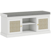 Kozy - Boho Shoe Storage Bench with Padded Cushion and Rattan Doors - White