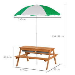 Kozy Kids Picnic Table with Benches, Wooden Sand and Water Table, Adjustable Parasol, Storage Bins, for Kids 3-6 Years, Brown