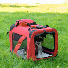 Kozy Foldable Pet Carrier for Small and Miniature Dogs, Portable Cat Carrier Soft Side Pet Travel Crate with Removable Mat, Storage Bags, Breathable Mesh Window 60 x 42 x 42cm - Red
