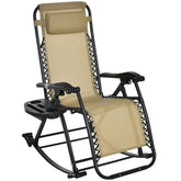 Kozy Garden Rocking Chair Folding Recliner Outdoor Adjustable Sun Lounger Rocker Zero-Gravity Seat with Headrest Side Holder Patio Deck - Beige