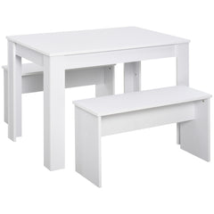 Kozy Kitchen Dining Table and 2 Benches Set, Table and Chairs Set for Limited Space, White