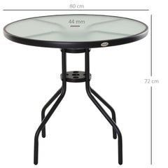 Kozy 80 cm Round Garden Dining Table with Parasol Hole for 4, Outdoor Coffee Bistro End Side Table with Tempered Glass Top and Steel Frame for Patio, Porch, Black