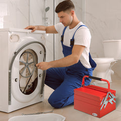 Kozy Metal Tool Box 3 Tier 5 Tray Professional Portable Storage Cabinet Workshop Cantilever Toolbox with Carry Handle, 45cmx20cmx34.5cm, Red