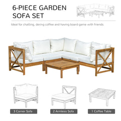 Kozy 6 PCS Elegant Wood Frame Outdoor Patio Dining Set w/ Cushions Coffee Table Garden Furniture Sofa Comfort Balcony Patio Cream White