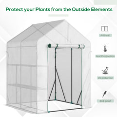 Kozy Walk In Greenhouse with 2 Tier Shelf, Portable Gardening Plant Grow House Tomato Greenhouse with Roll up Zip Panel Door, Reinforced PE Cover, 143 x 143 x 195cm, Green