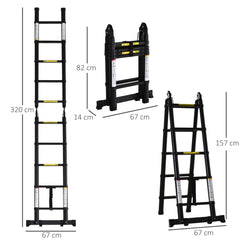 Kozy 3.2m/10.5ft Telescopic Ladder, Extendable Aluminium Ladder with Anti-slip Pedals, Multi-purpose Portable Foldable 10 Step Ladder, 150kg Capacity, EN131, Black