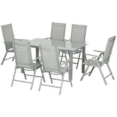 Outsunny 7 Piece Garden Dining Set, Outdoor Table and 6 Folding and Reclining Chairs, Aluminium Frame, Tempered Glass Top Table, Texteline Seats, Grey