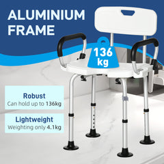 Kozy Shower Chair for the Elderly and Disabled, Height Adjustable Shower Stool with Back and Flipped Padded Arms, Suction Foot Pads, White