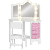 Kozy Kids Dressing Table and Stool Set, Girls Vanity Table with 2-Colour LED Lights, Tri-Folding Mirror, White