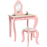 ZONEKIZ Kids Dressing Table with Mirror and Stool, Girls Vanity Table Makeup Desk with Drawer, Cute Animal Design, for 3-6 Years - Pink