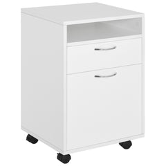 Kozy 60cm Filing Cabinet with Drawer, Open Shelf, Metal Handles and 4 Wheels, Office Home Organiser Mobile Printer, White