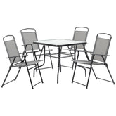 Kozy 5 Piece Garden Dining Set Outdoor Dining Furniture 4 Folding Chairs, Glass Top Table with Parasol Hole, Texteline Seats, Black