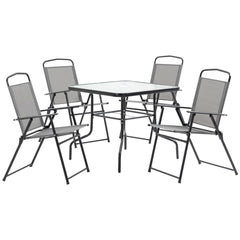 Kozy 5 Piece Garden Dining Set Outdoor Dining Furniture 4 Folding Chairs, Glass Top Table with Parasol Hole, Texteline Seats, Black