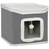Kozy Cat House for Indoor Kittens, 2-Level Cat Cave Bed with Fluffy Balls, Top Bed, Kitten Barrel for Multi Kitties, Grey