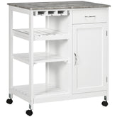 Kozy Compact Kitchen Trolley Utility Cart on Wheels with Wine Rack, Drawer, Open Shelf and Storage Cabinet for Dining Room, White