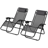 Kozy - Zero Gravity Chair Set of 2, Metal Frame Texteline Armchair Outdoor Folding and Reclining Sun Lounger with Head Pillow for Patio Decking Gardens Camping, Grey