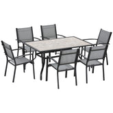 Kozy 7 Pieces Garden Dining Set, 6 Seater Garden Table and Chairs with Parasol Hole, Outdoor Furniture Armchairs and Stone-like Plastic Top Table with Breathable Mesh Fabric Seat, Grey