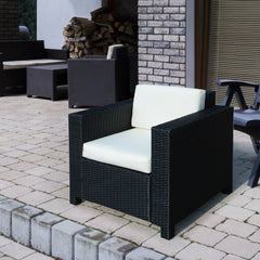 Kozy Single Seater Rattan Chair Sofa with 10 cm Thick Padded Cushion, All-Weather PE Wicker Weave Garden Armchair with Armrests, Black