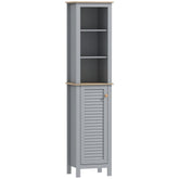 Kozy Bathroom Floor Storage Cabinet with 3 Tier Shelf and Cupboard with Door, Free Standing Linen Tower, Tall Slim Side Organizer Shelves, Grey