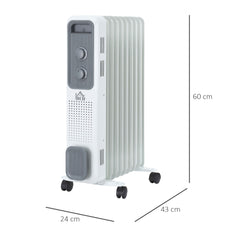 Kozy 2000W Oil Filled Radiator, 9 Fin, Portable Electric Heater with 3 Heat Settings, Safety Cut-Off and Wheels, White