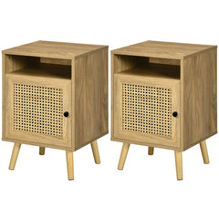 HOMCOM Bedside Table with Rattan Element, Side End Table with Shelf and Cupboard, 39cmx35cmx60cm, Set of 2, Natural