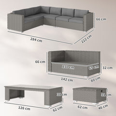 Kozy 6 Pieces Outdoor PE Rattan Wicker Corner Sofa Set with 10cm Thick Padded Cushions, Aluminium Conservatory Furniture with Glass Top Coffee Table, Footstools, Grey