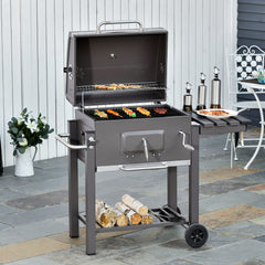 Kozy Charcoal Grill BBQ Trolley with Adjustable Charcoal Grate, Garden Metal Smoker Barbecue with Shelf, Side Table, Wheels, Built-in Thermometer, Bottle Opener