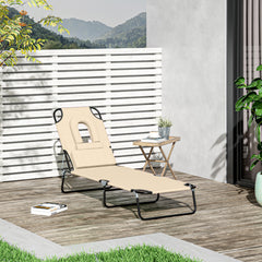 Kozy Outdoor Folding Sun Lounger with Face Hole, 4 Level Adjustable Backrest Reclining Garden Lounger, Garden Recliner Sunbed with 600 D Oxford Cloth Seat and Pillow for Beach, Beige
