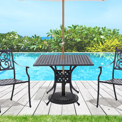 Kozy 90cm Square Garden Table with Umbrella Hole, Aluminium Grid Motif Outdoor Dining Table for Garden Patio, Black
