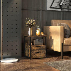 Kozy Industrial Side Table with Drawer, Sofa Table, Bedside Cabinet with Storage Shelf, Slim Nightstand for Living Room, Bedroom, Rustic Brown