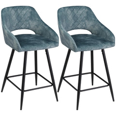 Kozy Bar Stools Set of 2, Velvet-Touch Fabric Counter Height Bar Chairs, Kitchen Stools with Steel Legs for Dining Area, Kitchen Island Barstools, Blue