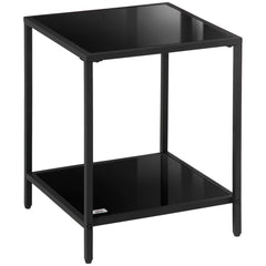 Kozy Tempered Glass Side Table with Storage, Modern 2-Tier Bedside Table with Steel Frame, Black