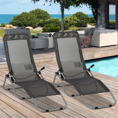 Kozy Set of 2 Outdoor Patio Chaise Recliner Portable Lounge Chairs w/ Rust-Resistant Steel Frame & Adjustable Backrest, Grey