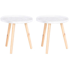 HOMCOM Carved Elegance: Set of 2 Floral Coffee Tables with Tray Top, Wooden Legs, Modern Round Side Tables, White | Aosom UK