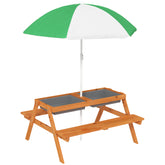 Kozy Kids Picnic Table with Benches, Wooden Sand and Water Table, Adjustable Parasol, Storage Bins, for Kids 3-6 Years, Brown