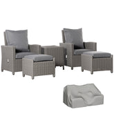 Kozy 5 Pieces Outdoor PE Rattan Garden Furniture with Cushions, Patio Lounge Adjustable Backrest Chairs, Footstools and Cooler Bar Coffee Table & Cover, Grey