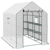 Outsunny Walk-in Greenhouse with PE Cover, 3 Tier Shelves, Roll-up Door & Mesh Windows, 140 x 213 x 190cm, White | Aosom UK