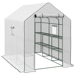 Outsunny Walk-in Greenhouse with PE Cover, 3 Tier Shelves, Roll-up Door & Mesh Windows, 140 x 213 x 190cm, White | Aosom UK