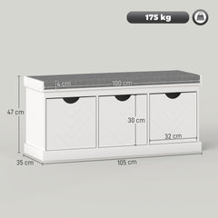 Kozy Three-Drawer Shoe Bench, with Seat - White
