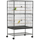 PawHut Large Bird Cage Budgie Cage for Finch Canaries Parakeet w/ Rolling Stand, Slide-out Tray, Shelf, Food Containers, Dark Grey | Aosom UK