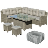 Kozy 8-Seater Outdoor PE Rattan Sofa Set Conversation Set w/ Fire Pit Table, L-Shape Sofa, Footstool and Furniture Cover