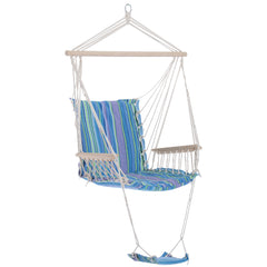 Kozy Hanging Rope Chair with Soft Padded Seat & Backrest, Portable Garden Hammoc Chair with Wooden Support Bar, Armrests, Cotton Cloth, Footrest, for Patio & Tree, Blue