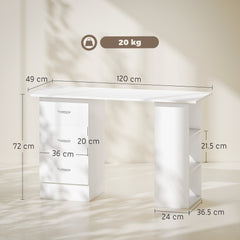 Kozy - Computer Desk, Writing Table, PC Workstation with 3 Storage Shelves and Drawers, Silver Handle, for Home Office, White