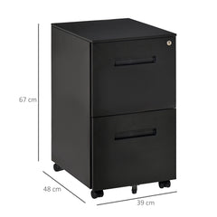 Kozy Metal Mobile File Cabinet with Wheels, Lockable 2 Drawer Filing Cabinet for A4, Legal, Letter, Compact Under Desk Storage Unit with Pre-Assembled Body for Home Office, 39 x 48 x 67cm, Black